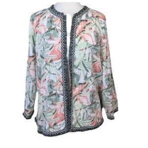 Chicos Havana Fringe Trim Linen Blend Jacket Tropical Floral Size 3 Womens XL